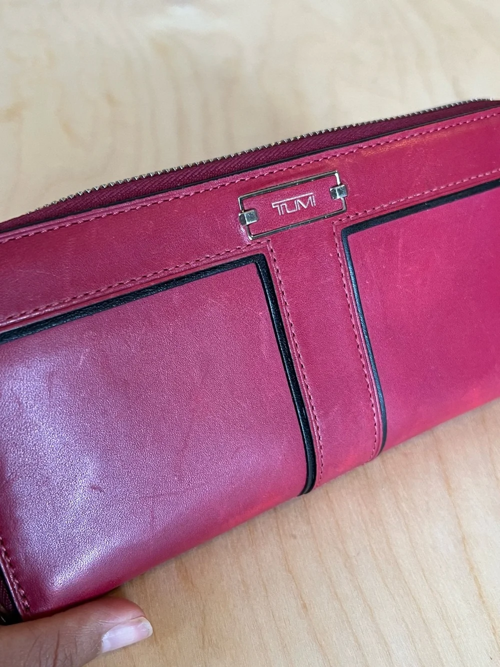 Tumi Red Leather Zip-Around Wallet with Black Trim